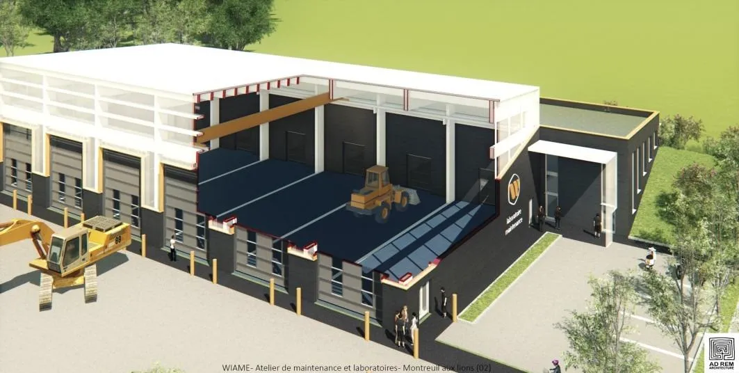 Illustration d'un bâtiment industriel avec engins de chantier.